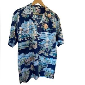 BLUEWATER WEAR Vintage Blue Beach Print Button Down Shirt Shortsleeve - Large
